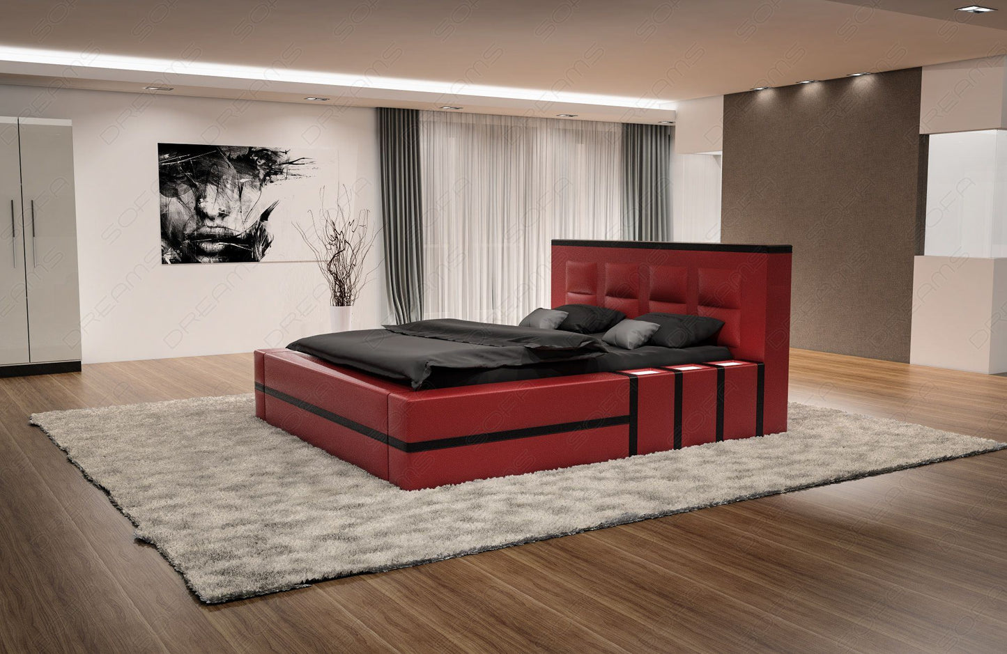 Luxus Boxspringbett Asti mit Beleuchtung rot-schwarz
