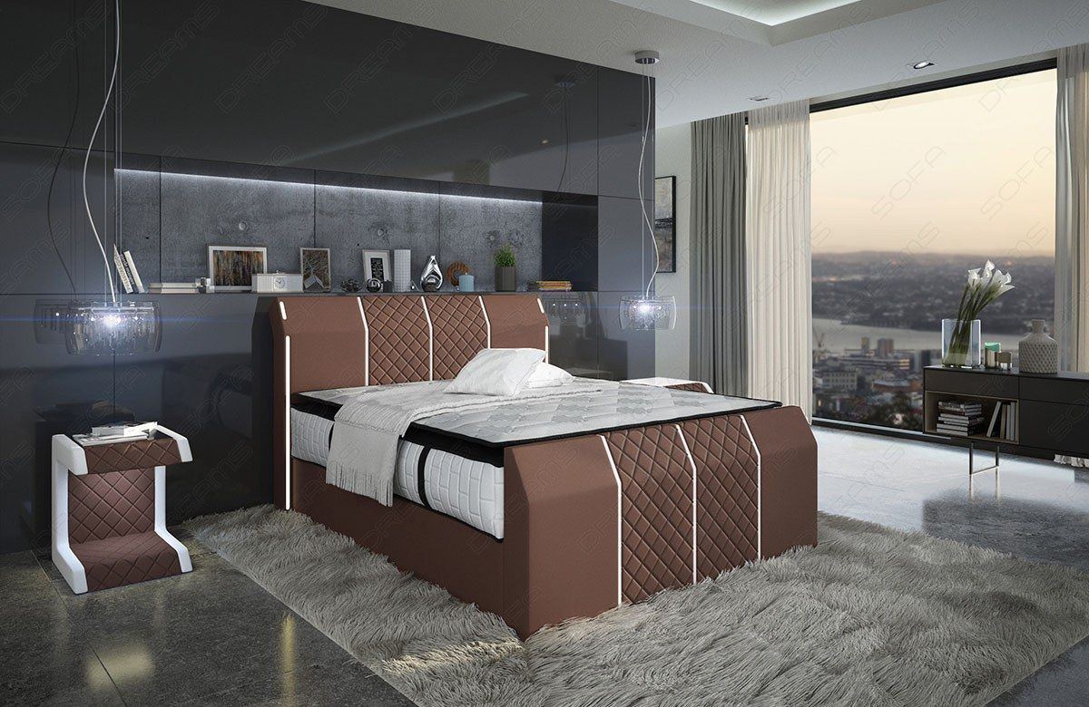 Design Boxspringbett Luxus Bett Paris mit LED Beleuchtung und USB Anschluss in Microfaserstoff Mineva 5 - hellbraun