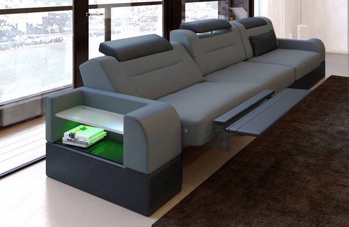 Dreisitzer Sofa Parma Stoff in grau - Mineva15 - Die LED Beleuchtung, USB Anschluss und Relaxfunktion sind optional erhältlich.