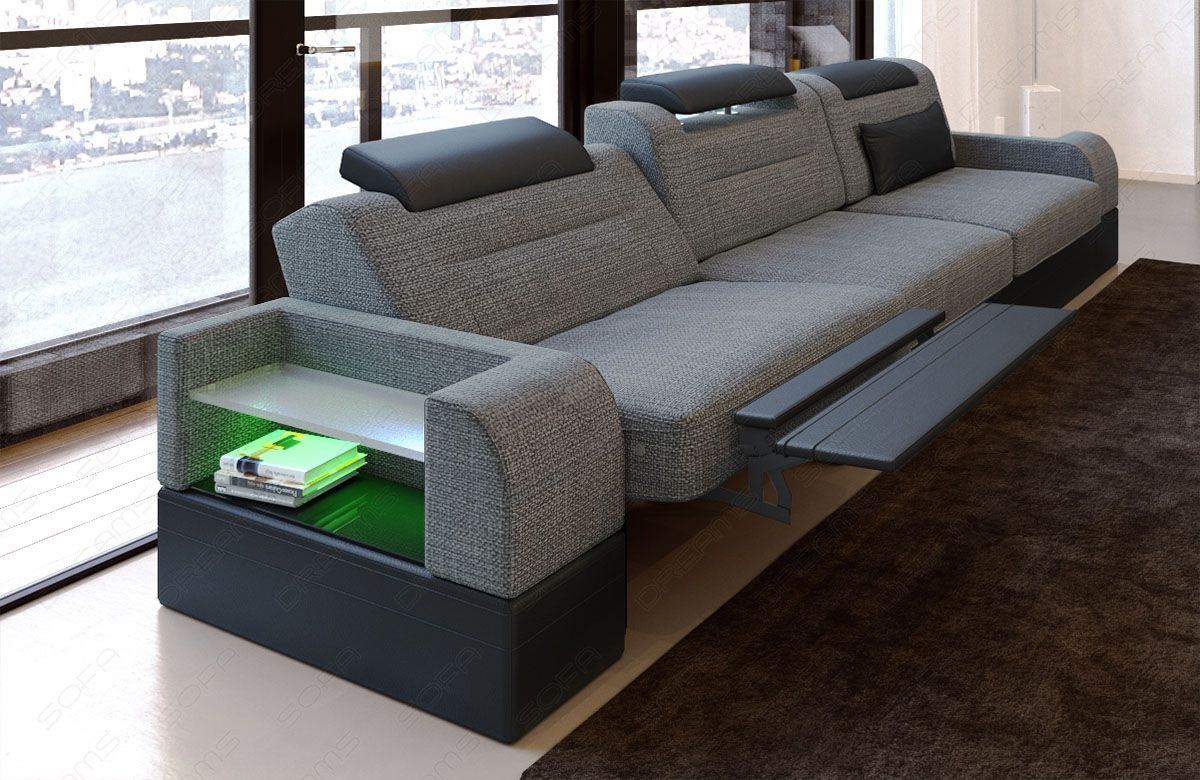 Dreisitzer Sofa Parma Stoff in grau - Hugo5 - Die LED Beleuchtung, USB Anschluss und Relaxfunktion sind optional erhältlich.