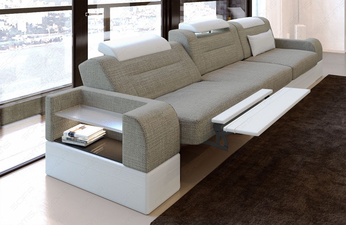 Dreisitzer Polster Sofa Parma in warmgrau - Hugo4 - Die LED Beleuchtung, USB Anschluss und Relaxfunktion sind optional erhältlich.