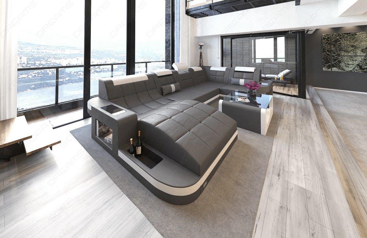 Designer Wohnlandschaft Wave mit Beleuchtung grau-weiss