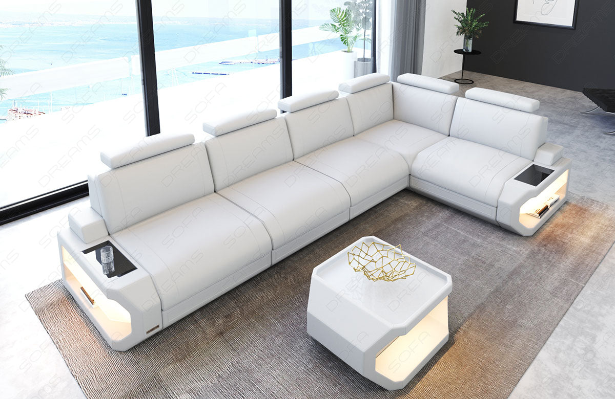 Leder Ecksofa Siena L Form lang in weiß