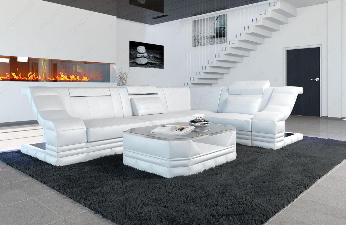 Modernes Leder Ecksofa Bianchi L Form mit LED-Beleuchtung in komplett weiß