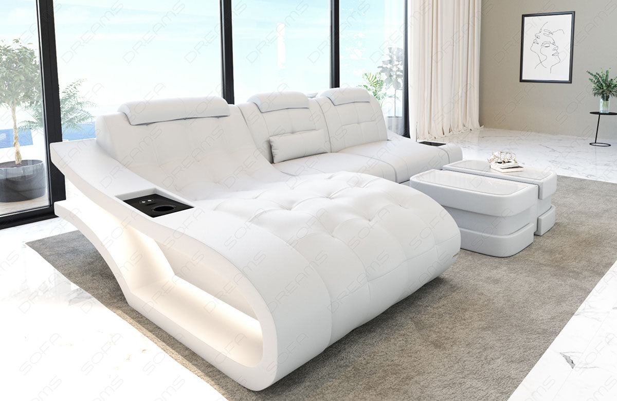 Leder Ecksofa Elegante L Form mit LED Beleuchtung komplett in weiß