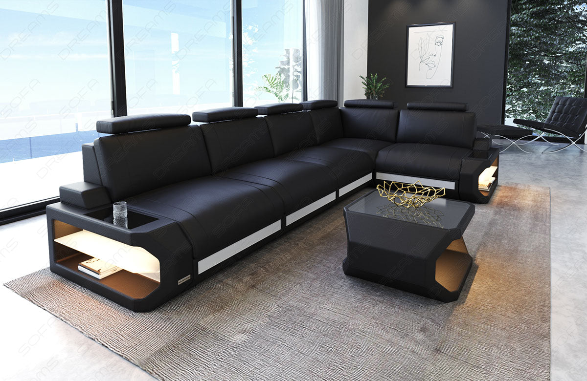 Leder Ecksofa Siena L Form lang in schwarz-weiß