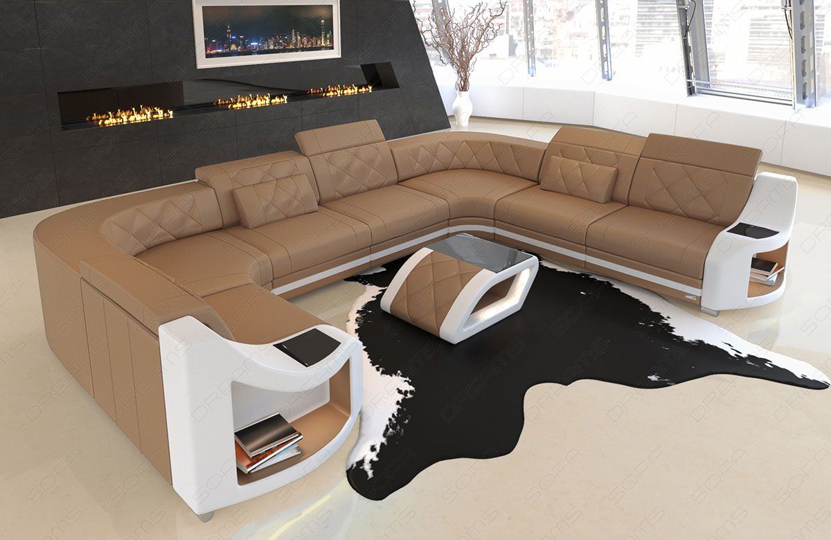Wohnlandschaft Genua mit Chesterfield Muster in sandbeige - weiss