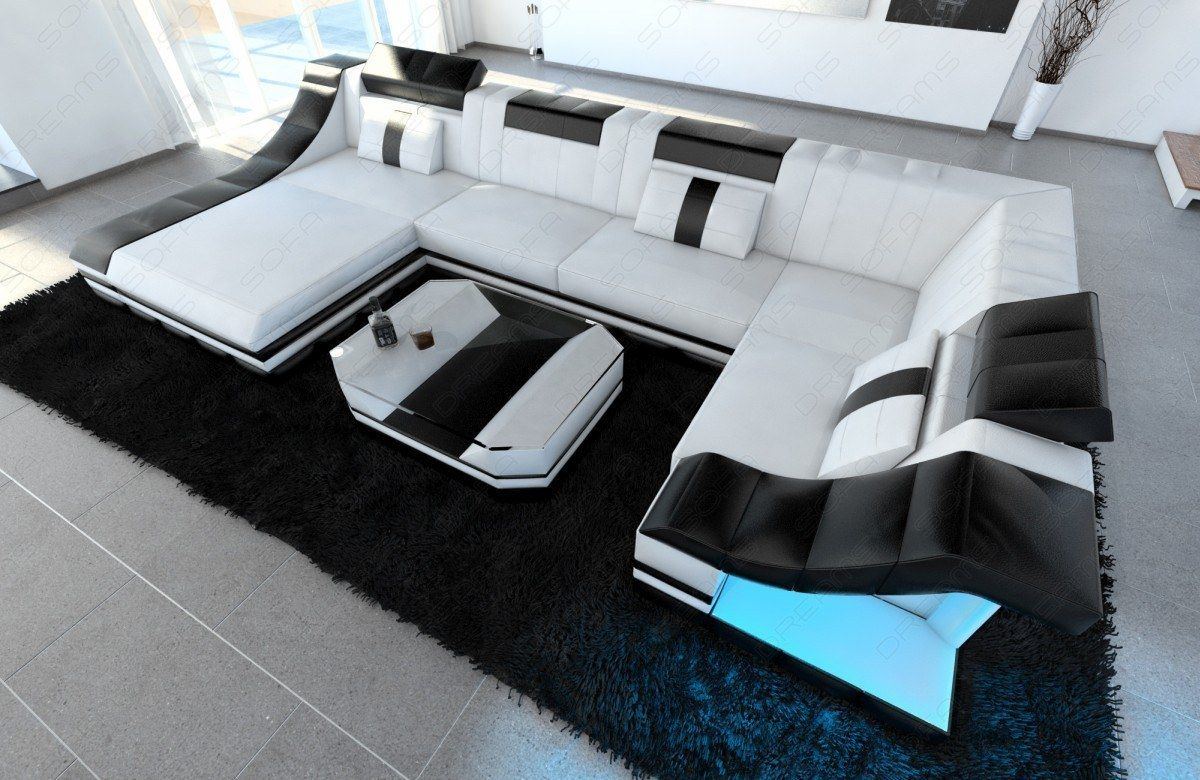 Ledersofa Wohnlandschaft Turino mit LED RGB Beleuchtung in weiss-schwarz