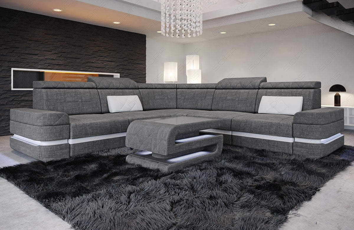 Stoff Ecksofa Positano L Form in grau - Hugo5 - Nebenfarbe weiß Strukturstoff