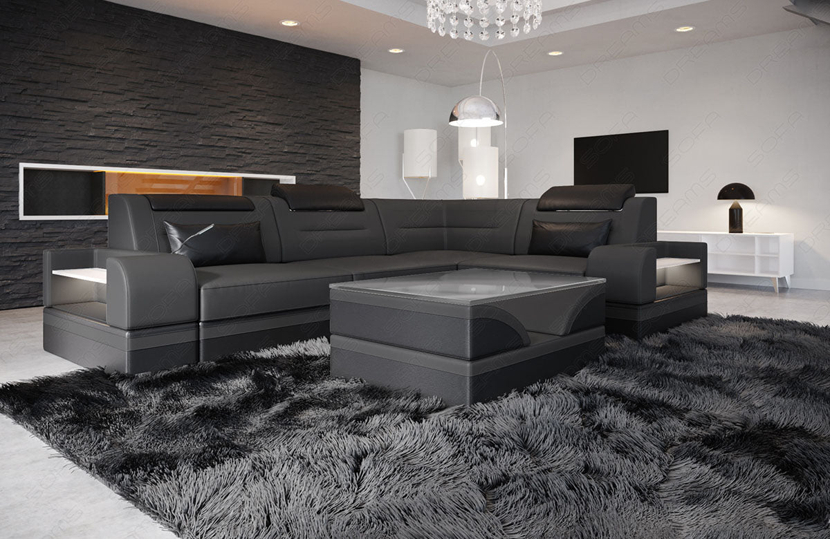 Ledersofa Trivento Mini L Form Kurz mit LED in grau-schwarz