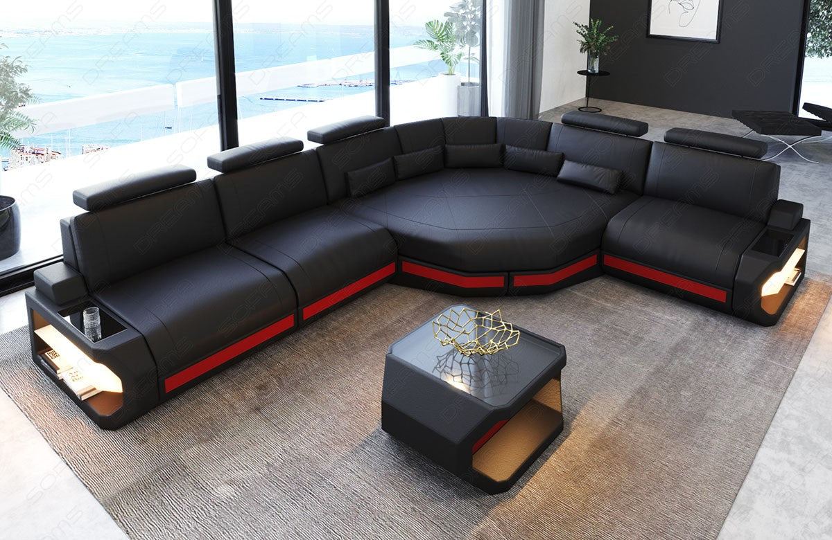Ecksofa Asti Leder mit LED Beleuchtung und großer Ecke in schwarz-rot. Couchtisch und USB Anschlüsse sind optional erhältlich.