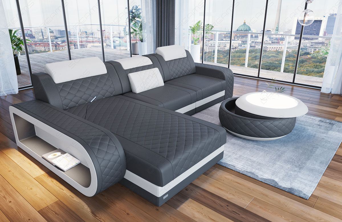 Leder Ecksofa Berlin L Form Mini in grau-weiß