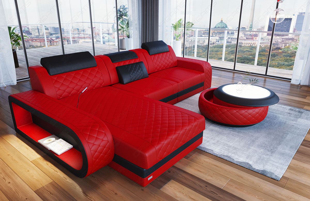 Leder Ecksofa Berlin L Form Mini in rot-schwarz