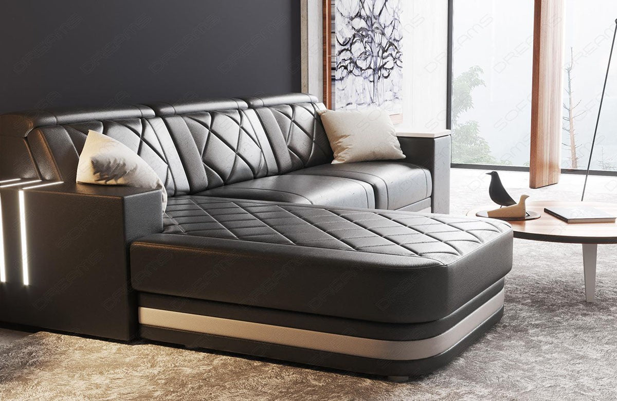 Leder Ecksofa Cesena L Form in beige-weiß. Detailansicht der Ottomane
