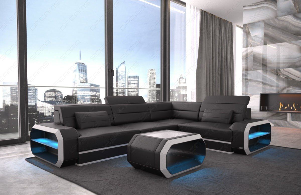 Ledercouch Verona LED Beleuchtung - schwarz-weiss