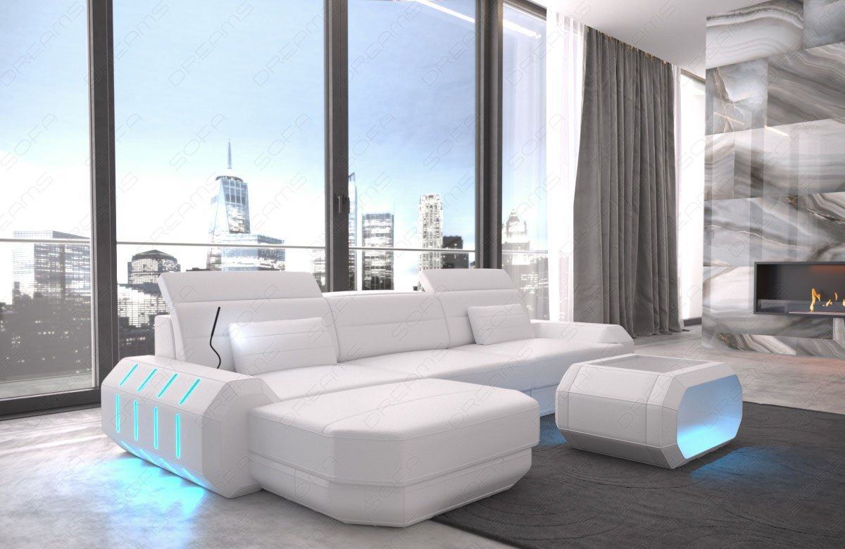 L Form Ledersofa Roma Mini mit LED - weiss