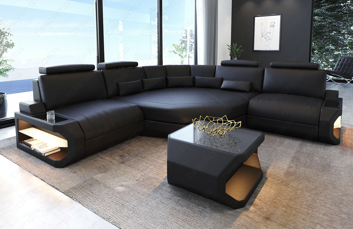 Design Leder Ecksofa Asti L Mini mit LED Beleuchtung in schwarz