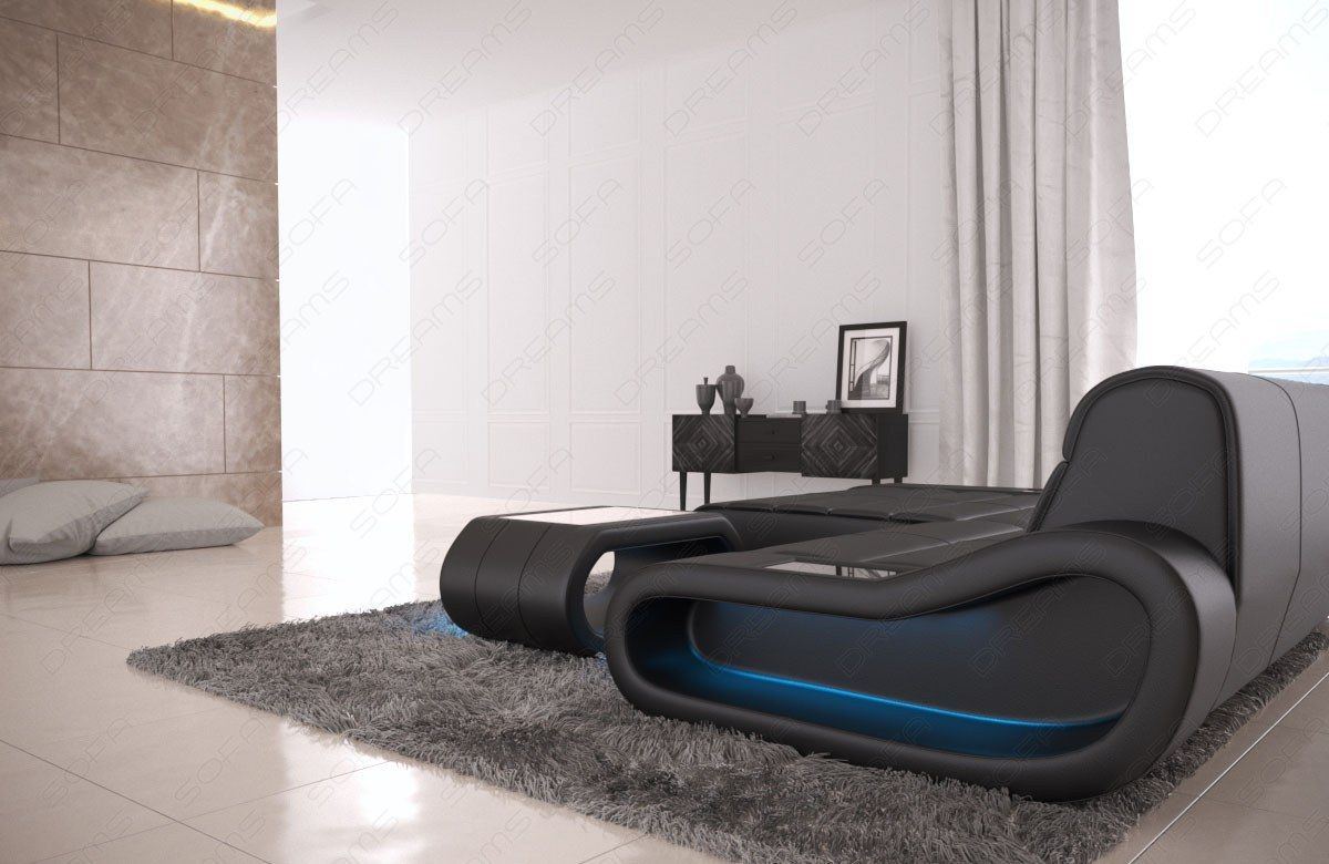 Designersofa Echtleder modern mit Beleuchtung Concept L Form - schwarz