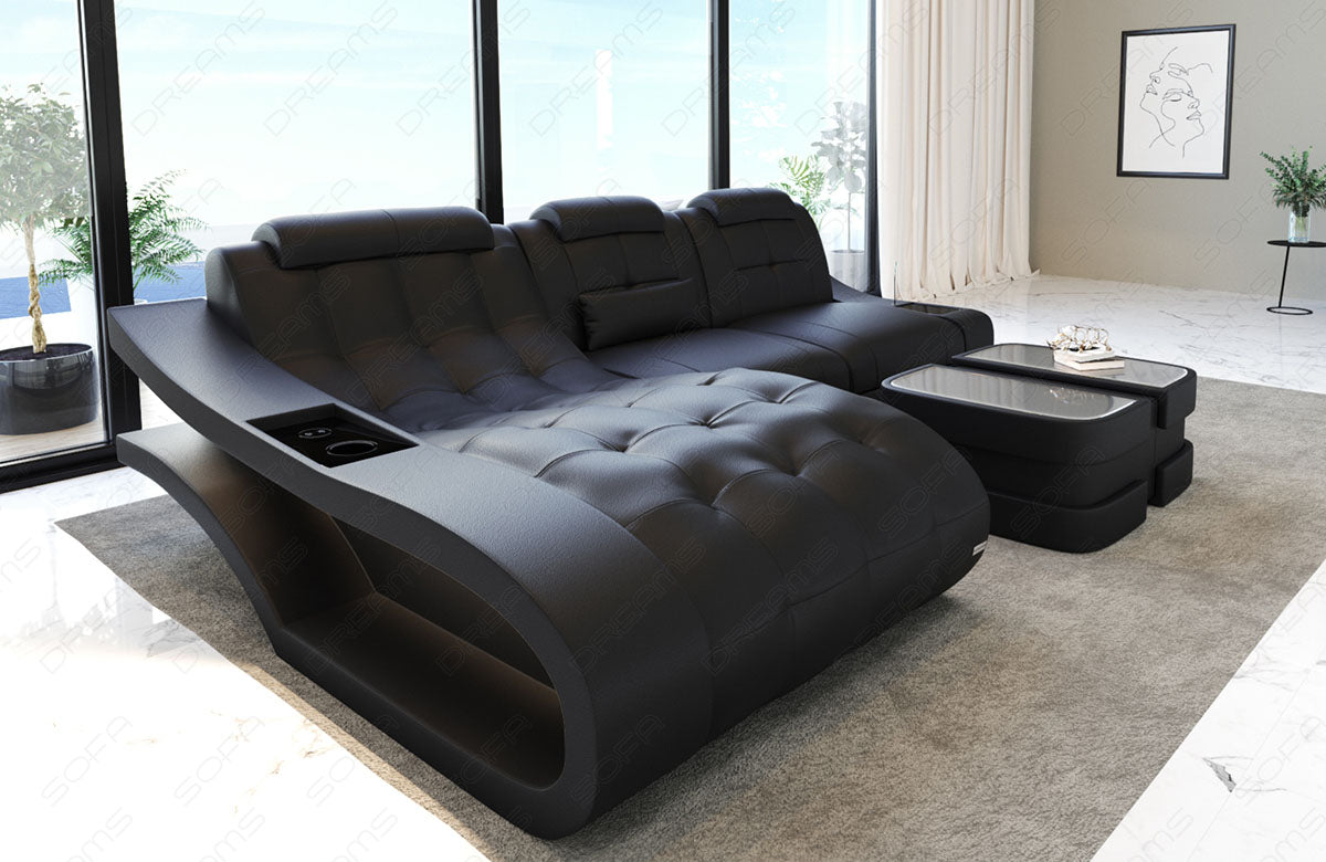 Mini L Form Ledersofa Elegante mit LED Licht und USB komplett in schwarz