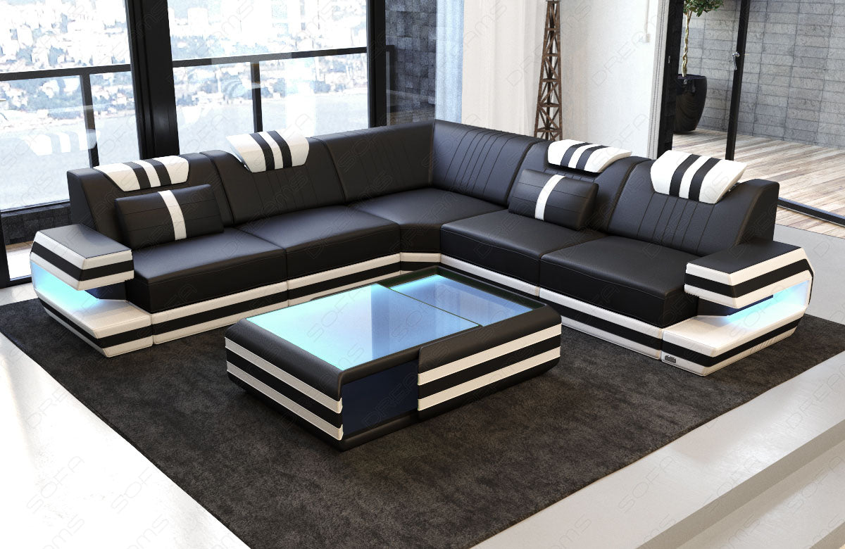 Leder Ecksofa Ragusa L Form in schwarz-weiss