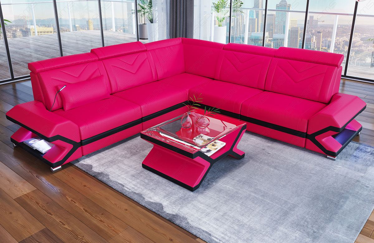 Ecksofa Sorrento L Form Leder in pink-schwarz