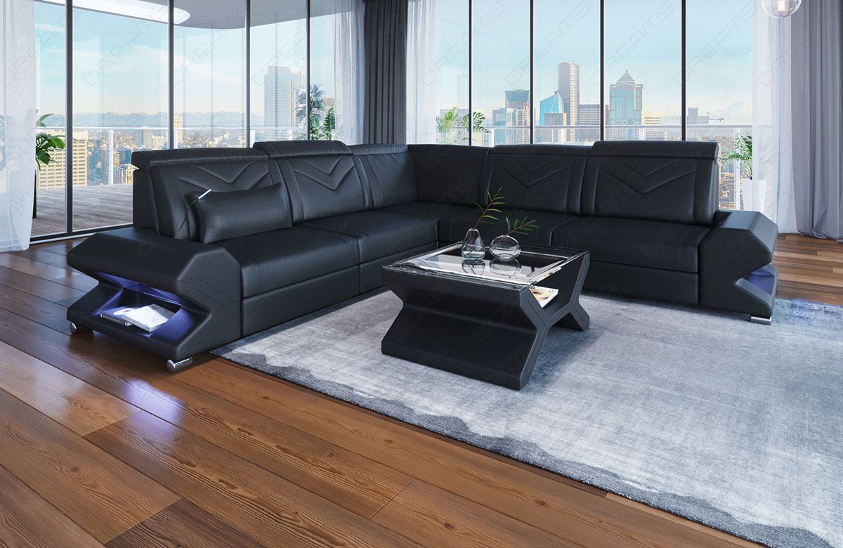 Modernes Ecksofa Sorrento L Form Leder in schwarz