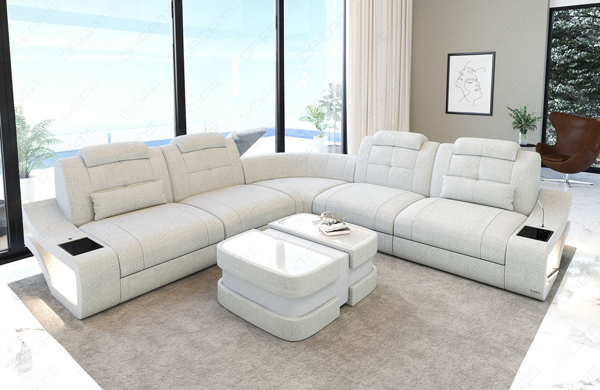 Sofa Elena Mini in der langen L Form mit Stoffbezug in elfenbein - Hugo1 Strukturstoff