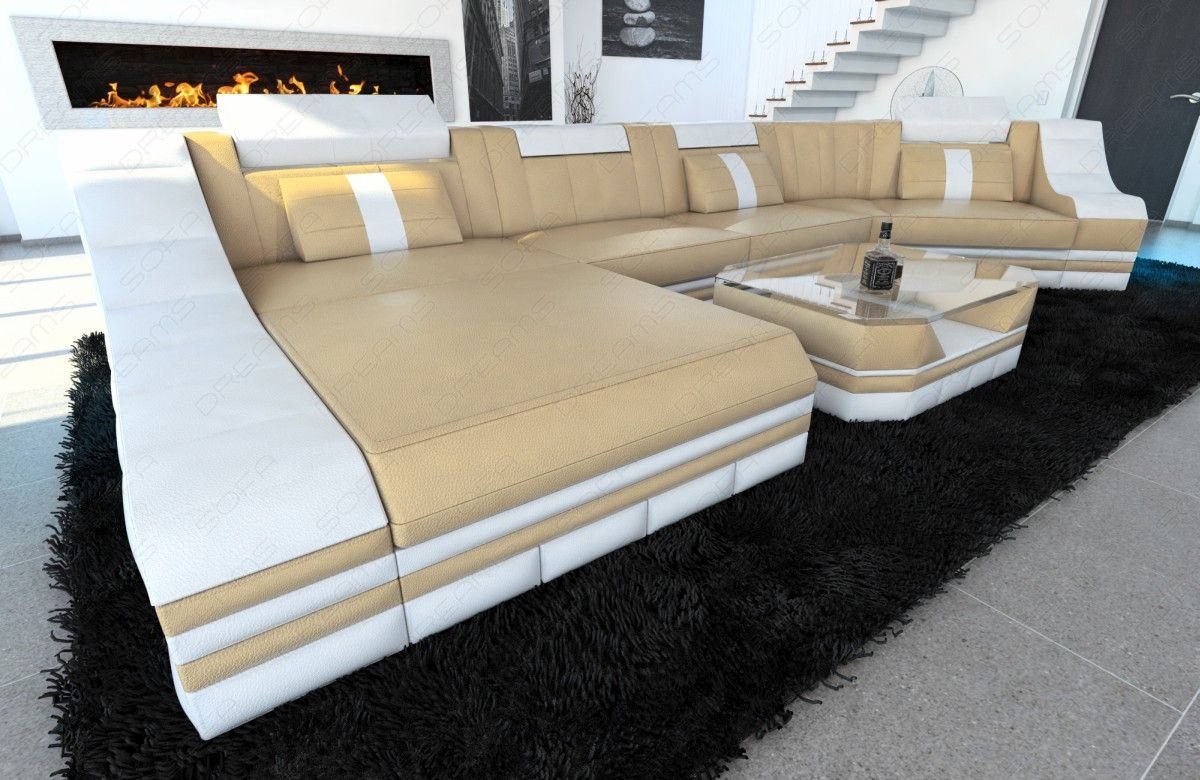 Leder Wohnlandschaft Turino C-Form in beige weiss