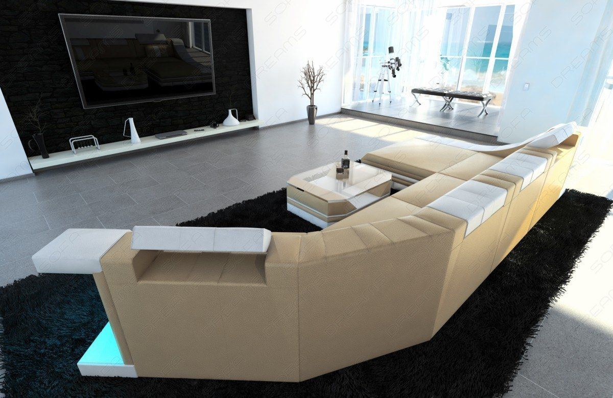 Leder Wohnlandschaft Turino C-Form in beige weiss