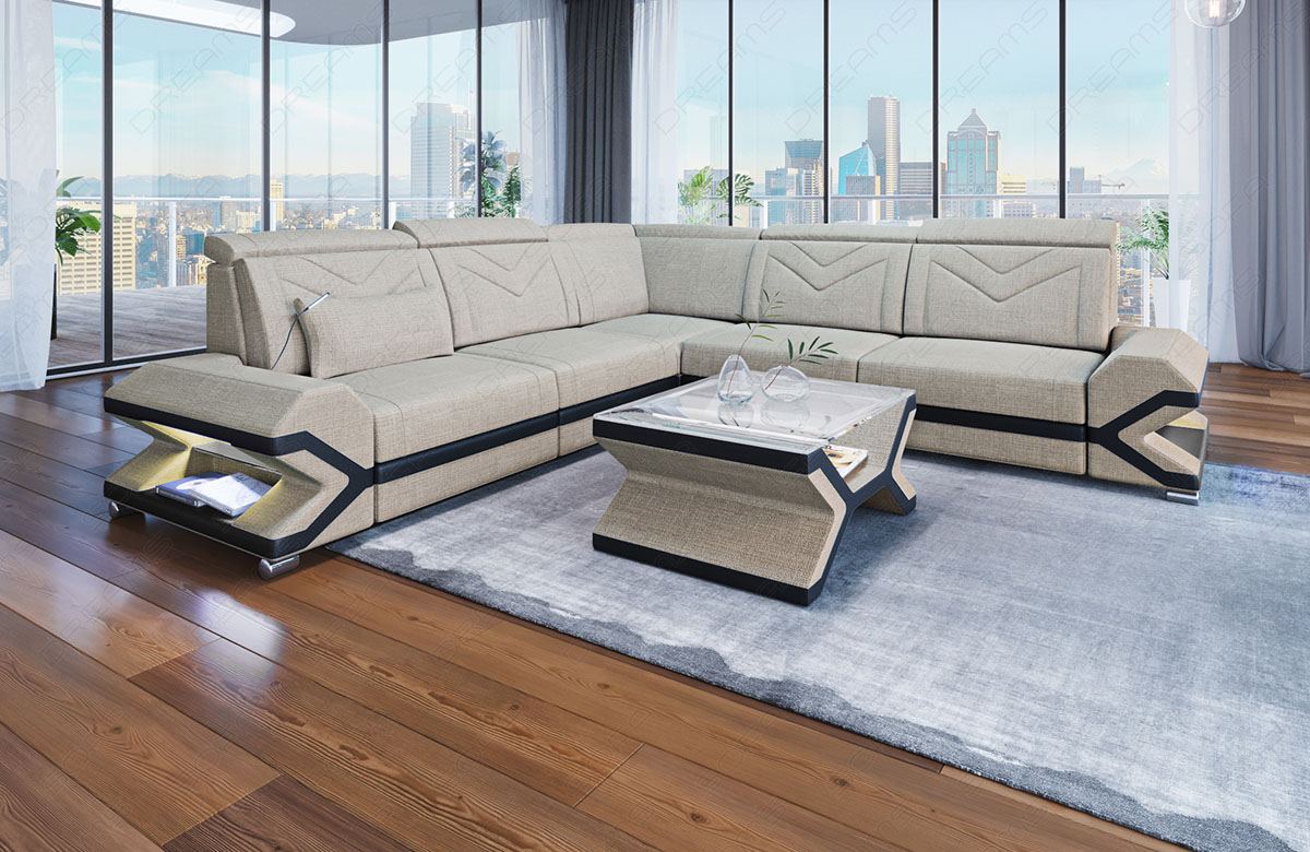Stoff Ecksofa Sorrento L Form in elfenbein - Hugo1 Strukturstoff