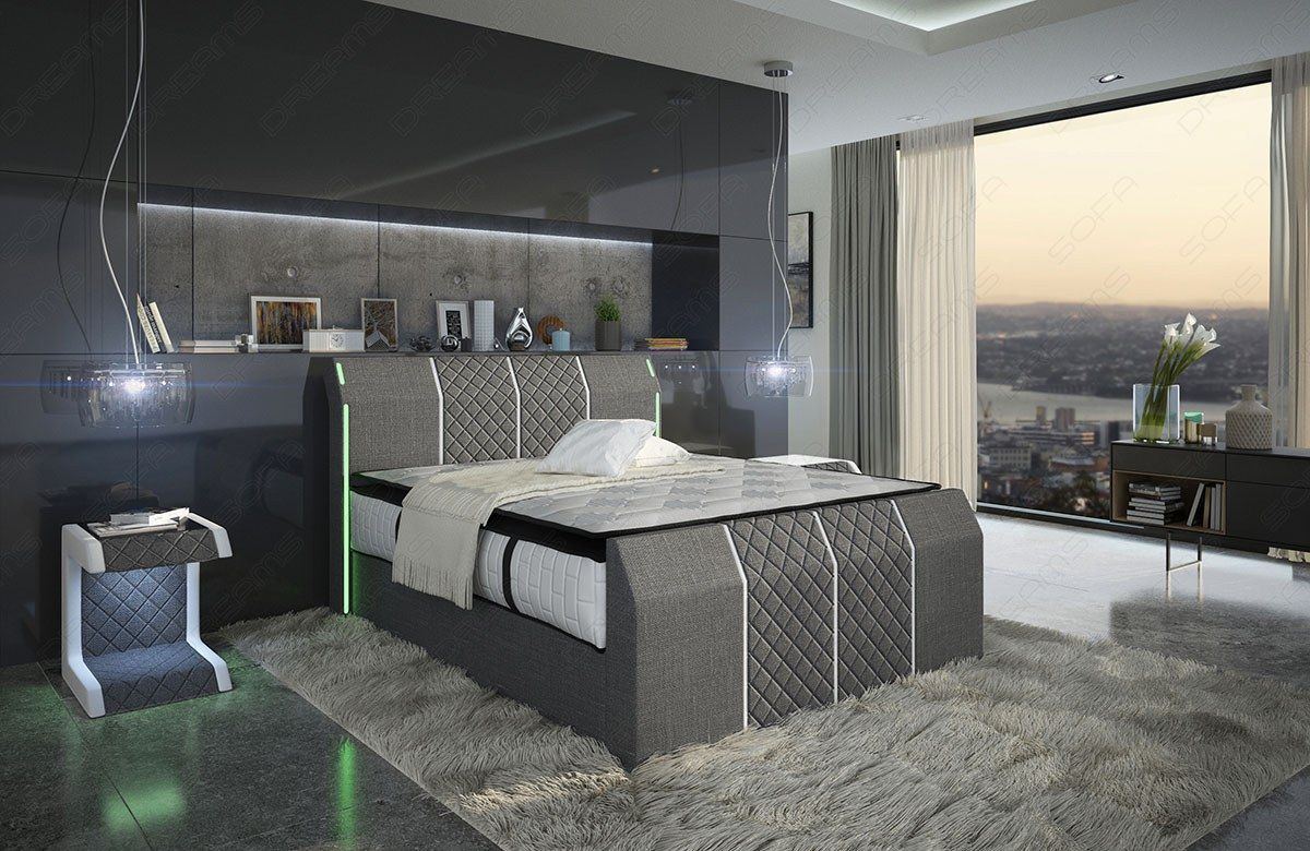 Polsterbett Paris mit LED Beleuchtung in Stukturstoff Hugo 5 - grau