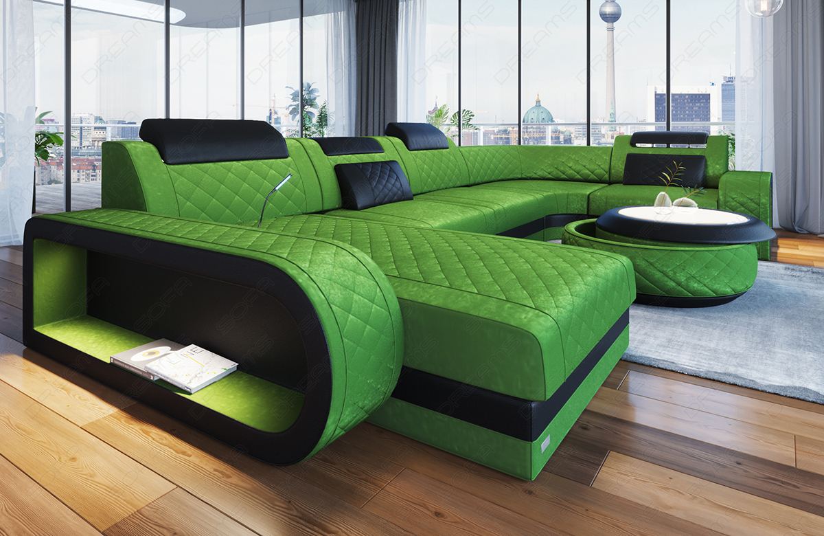 Moderne Stoff Wohnlandschaft Berlin U Form in hellgrün - SunVelvet1026 Samtstoff