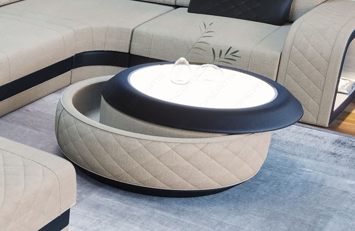 Moderner Couchtisch Berlin mit LED Beleuchtung in Webstoff Hugo1 - elfenbein