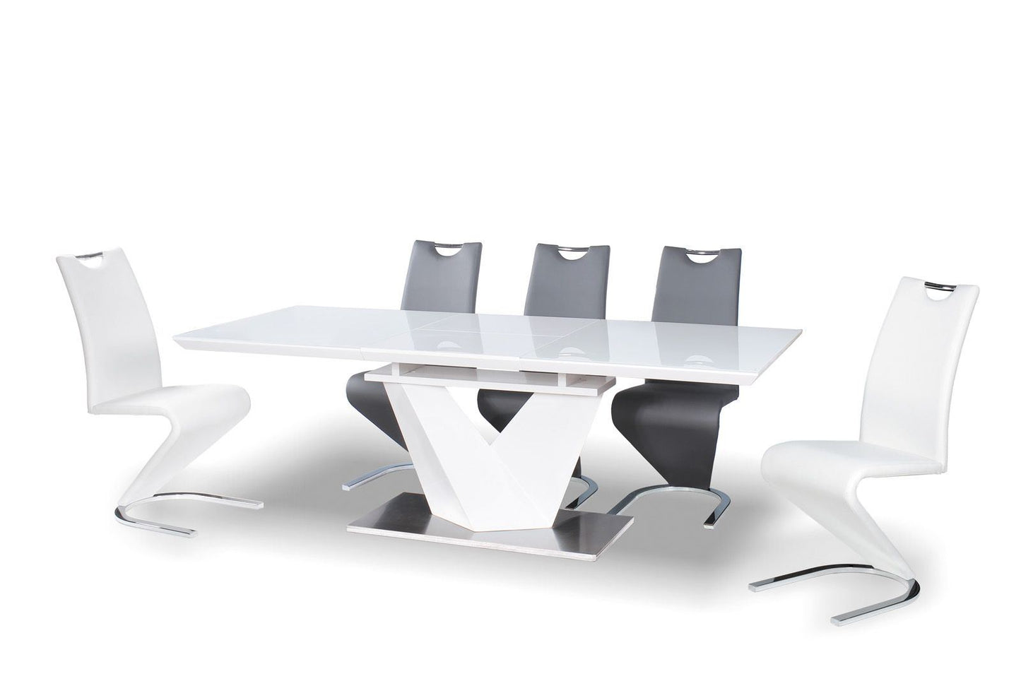 Esstisch Luxor modern mit edler Glas Tischplatte ausziehbar. Tisch in weiss hochglanz.