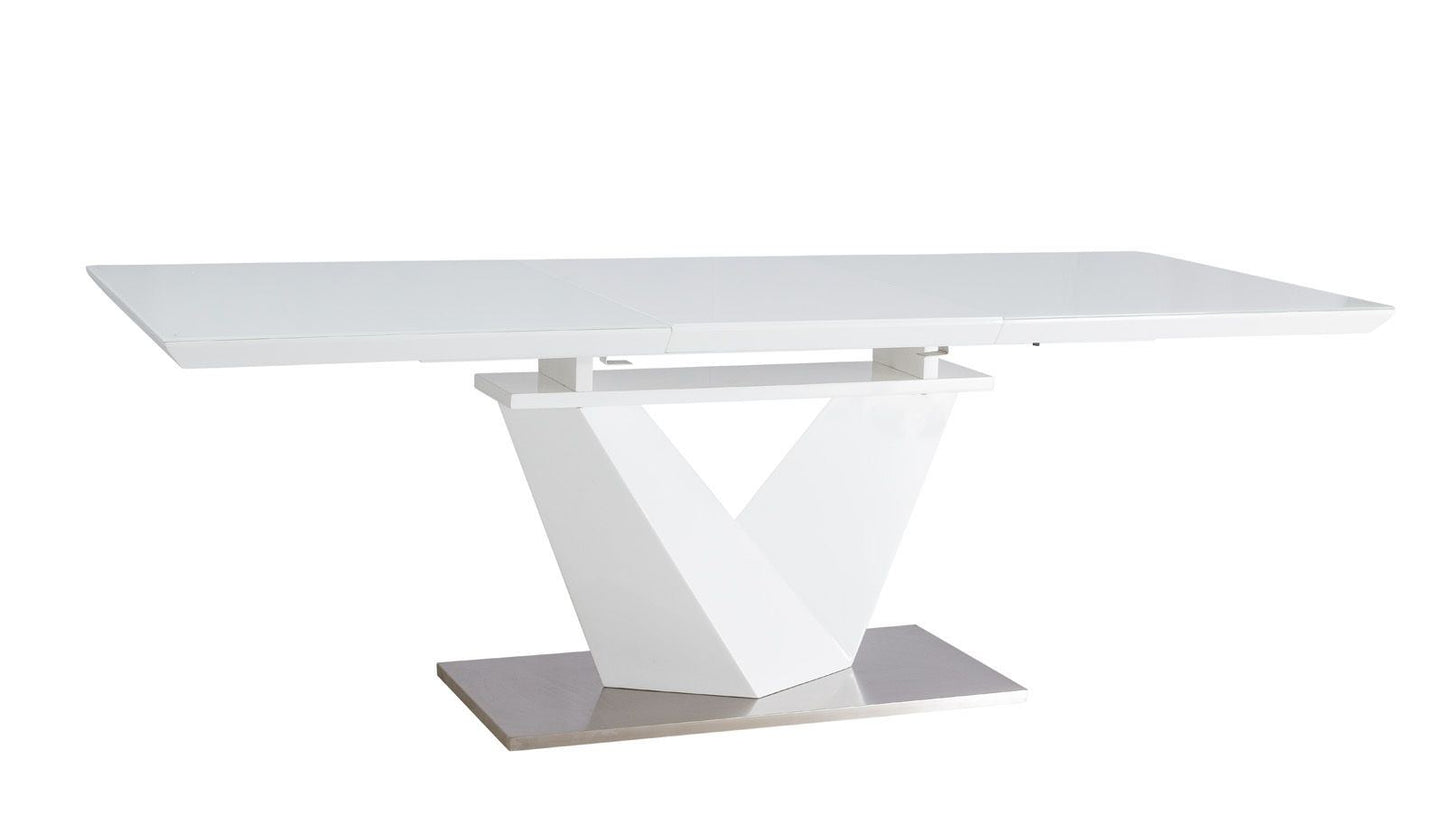 Esstisch Luxor modern mit edler Glas Tischplatte ausziehbar. Tisch in weiss hochglanz.