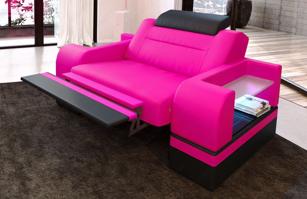 Fernsehsessel Parma Leder in pink (nur Kunstleder) schwarz - Die LED Beleuchtung, USB Anschluss und Relaxfunktion sind optional erhältlich.