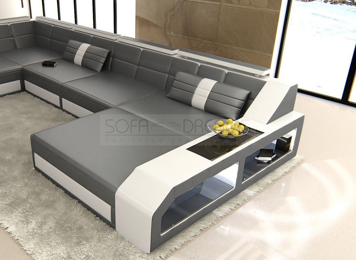 U Form XXL Ledersofa Matera Mini in grau-weiß