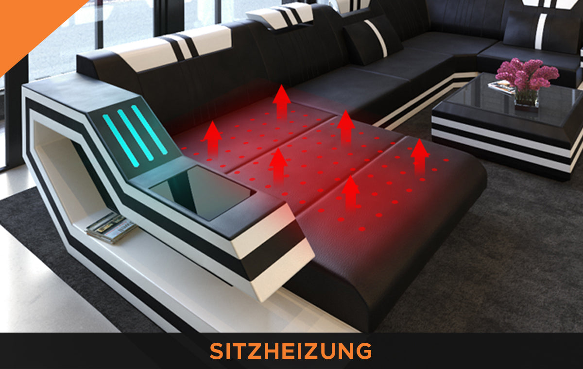 Mini L Form Ledersofa Napoli mit Licht und USB - Sitzheizung durch Heizmatte in der Ottomane
