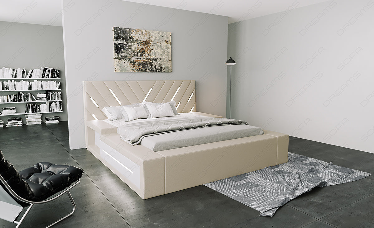 Designer Boxspringbett Contrada in beige-weiß mit LED Beleuchtung