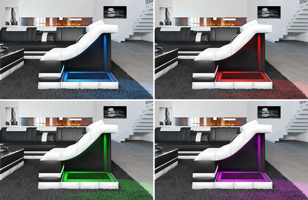 Das Sofa verfügt über eine LED-Beleuchtung mit Farbwechsel. Gesteuert wird diese über eine Touchwheel Fernbedienung