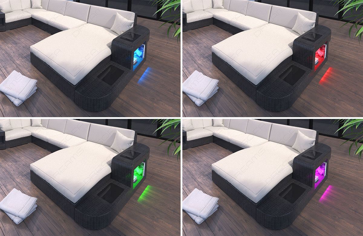 LED-Beleuchtung (Farbwechsel) mit Touch-Wheel Fernbedienung beim Rattansofa Wave L Form