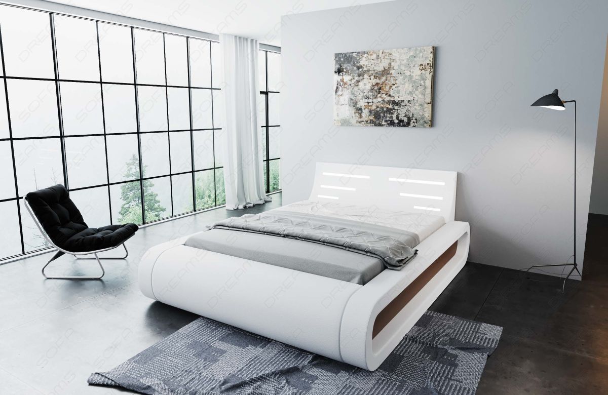 Design Komplettbett Sorano mit LED Beleuchtung in weiß-dunkelbraun - Kunstleder