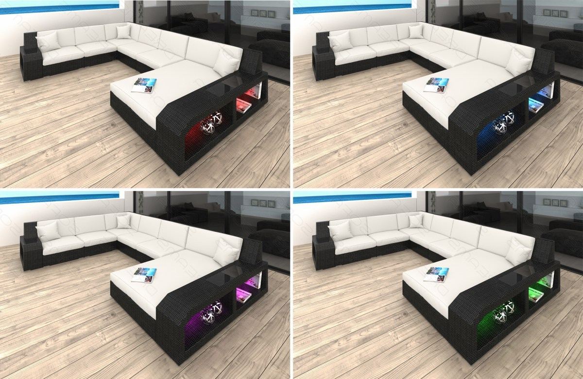 LED-Beleuchtung (Farbwechsel) mit Touch-Wheel Fernbedienung beim Rattansofa Matera L Form