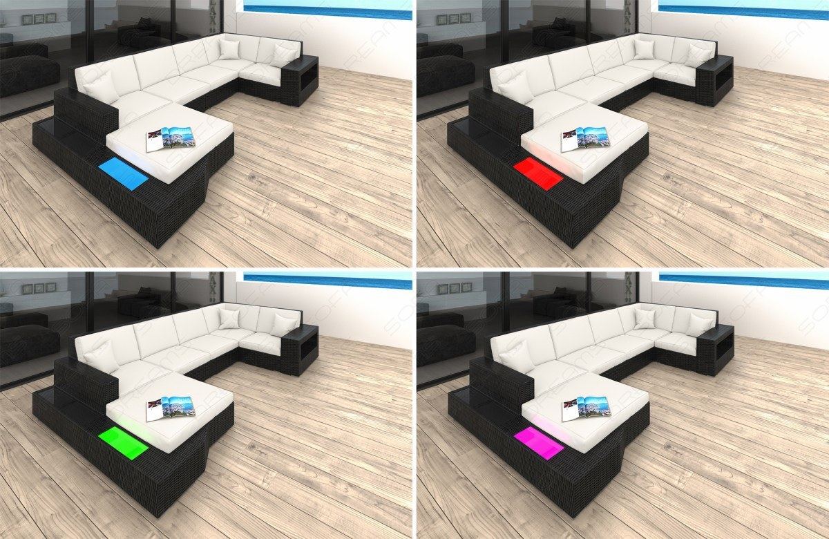 LED-Beleuchtung (Farbwechsel) mit Touch-Wheel Fernbedienung beim Rattansofa Messana U Form