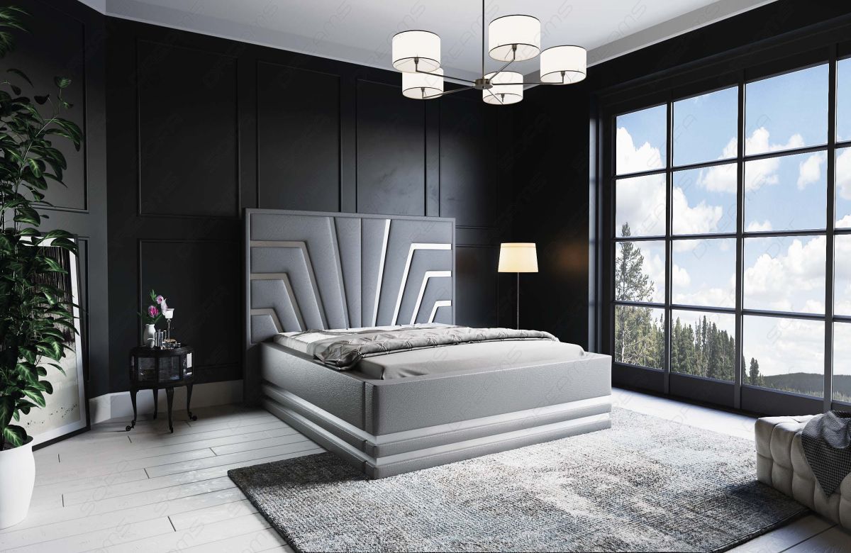 Deluxe Boxspringbett Cecina in Grau mit silbernen Leisten