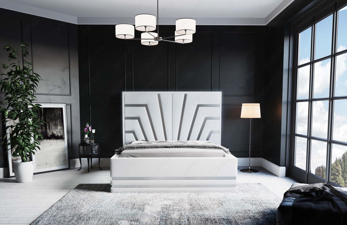 Deluxe Boxspringbett Cecina in Weiß mit silbernen Leisten