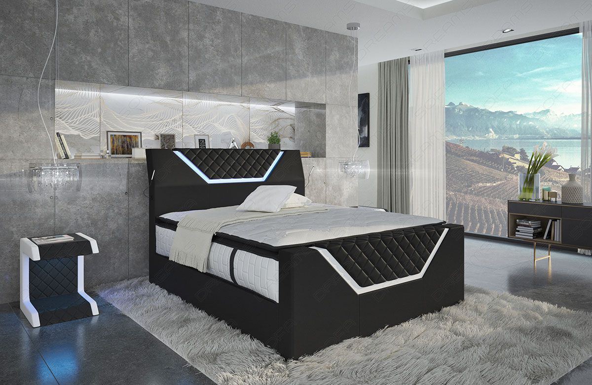 Design Leder Boxspringbett Nantes in schwarz-weiß