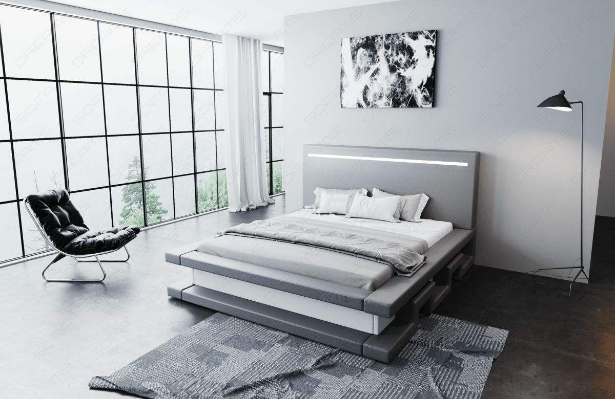 Modernes Leder Boxspringbett Faenza in grau-weiß