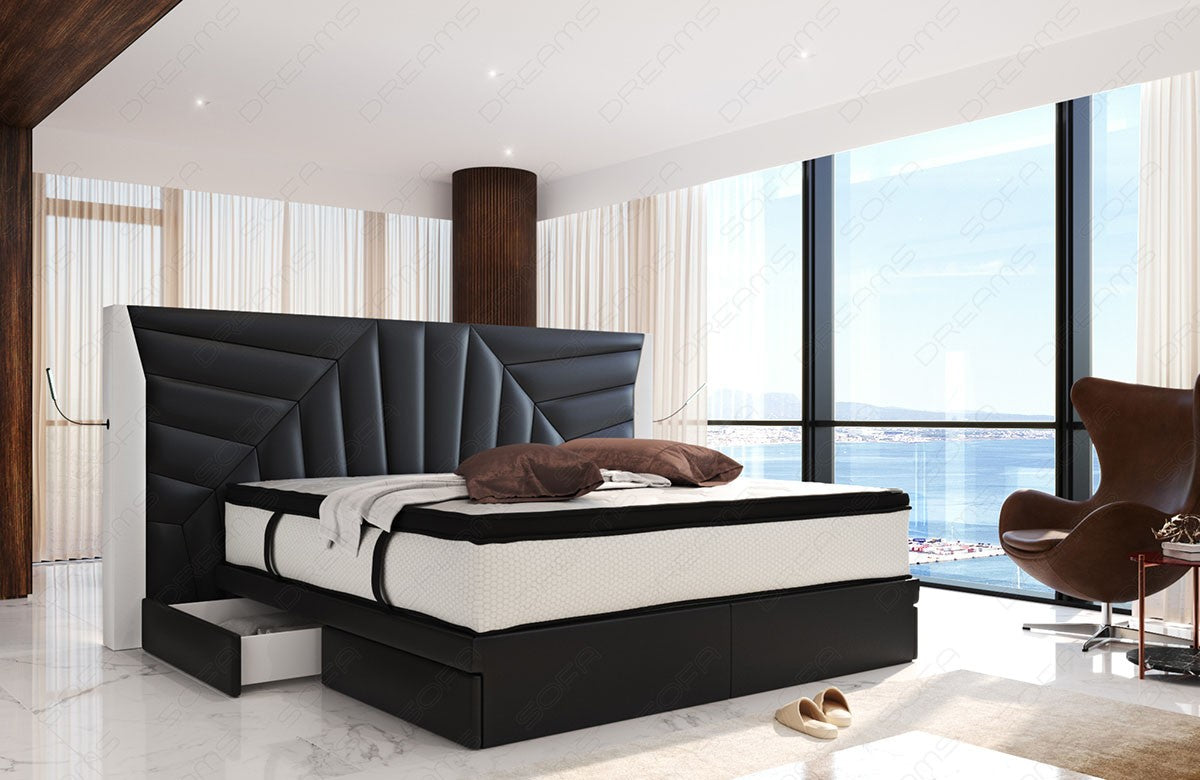 Luxus Boxspringbett Monaco mit Schubladen und LED Beleuchtung in schwarz-weiß