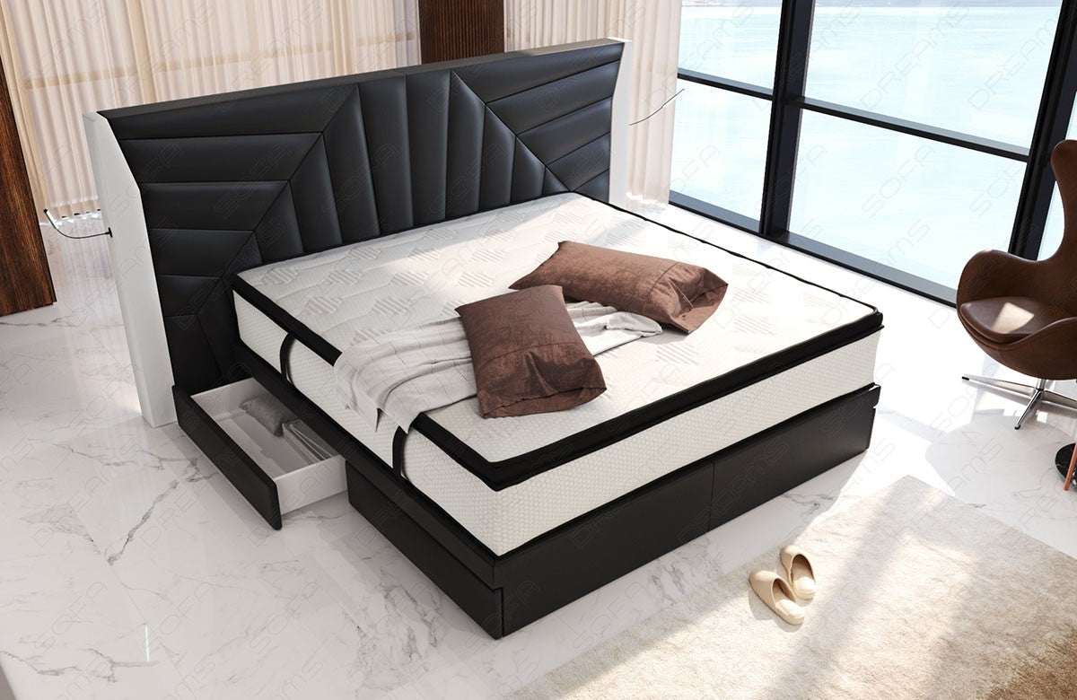 Luxus Boxspringbett Monaco mit Schubladen und LED Beleuchtung in schwarz-weiß